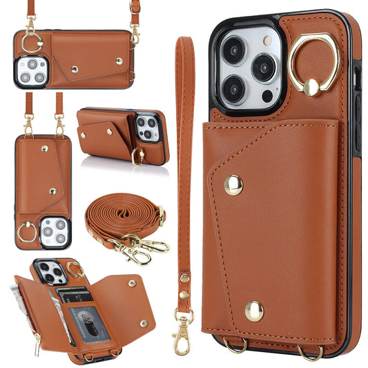 New Crossbody Zipper Wallet with Long and Short Lanyard Leather Phone Case for iPhone