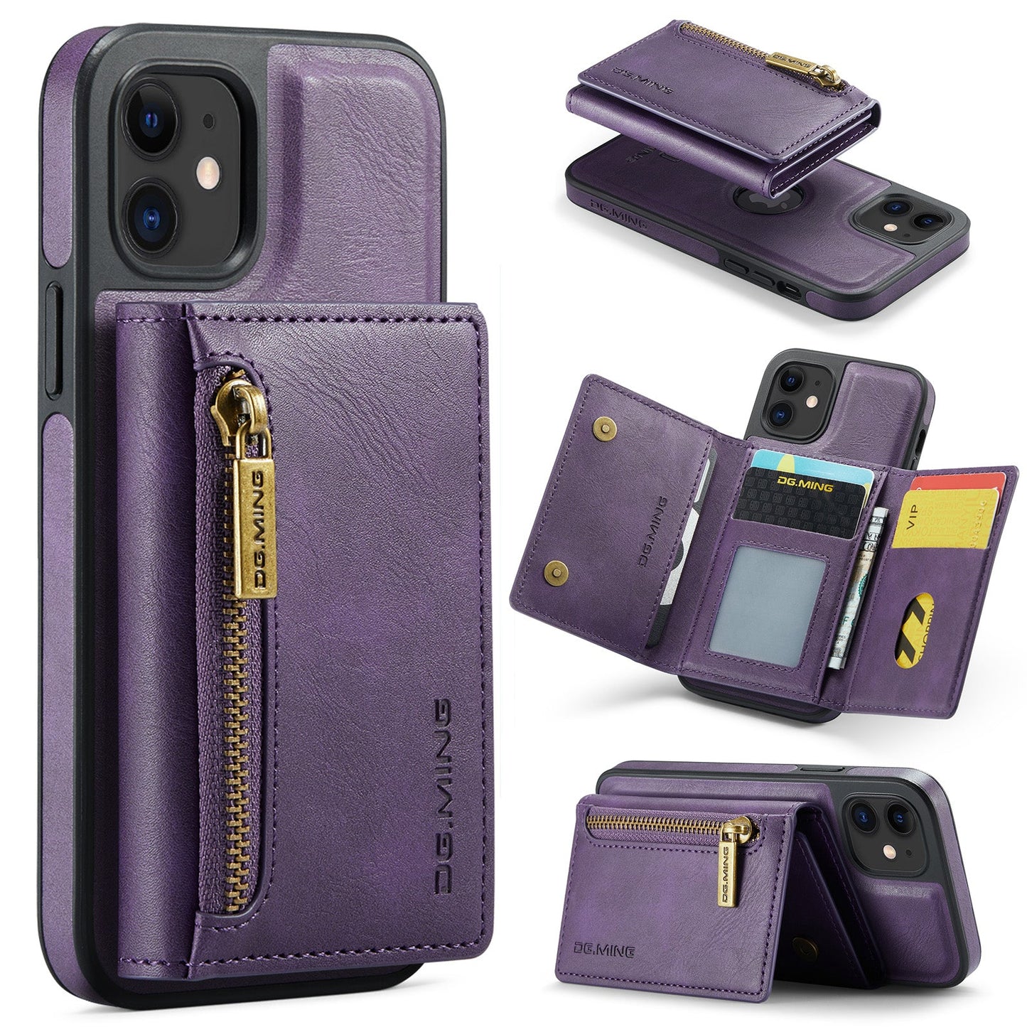 New 2-IN-1 RFID Blocking Zipper Wallet Card Holder Leather Phone Case for iPhone