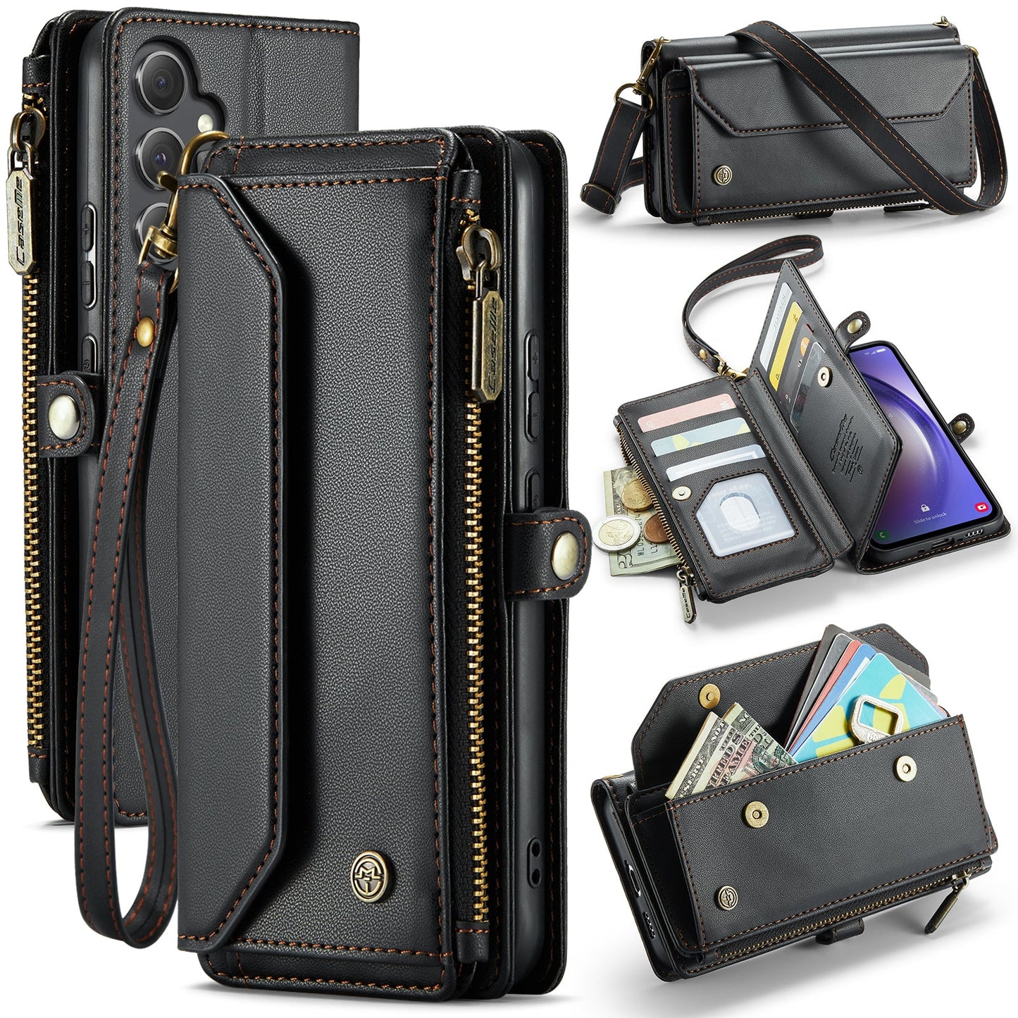New RFID Blocking Zipper Wallet Supports Wireless Charging with Long and Short Lanyard Leather Phone Case for Samsung Galaxy S25/S25+/S25 Ultra