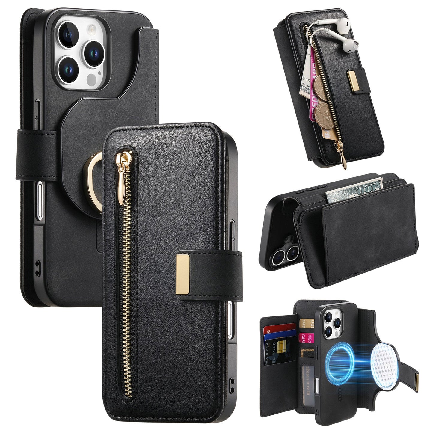 New RFID Blocking Zipper Wallet Magnetic Leather Phone Case for iPhone 16/16 Pro/16 Plus/16 Pro Max