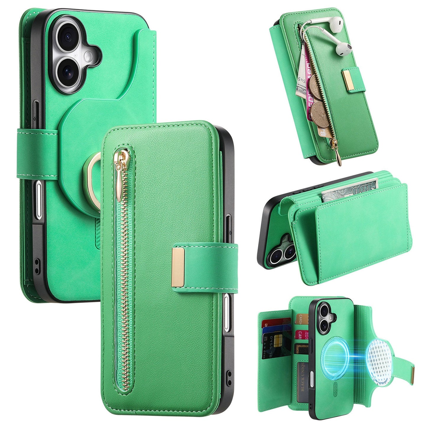 New RFID Blocking Zipper Wallet Magnetic Leather Phone Case for iPhone 16/16 Pro/16 Plus/16 Pro Max