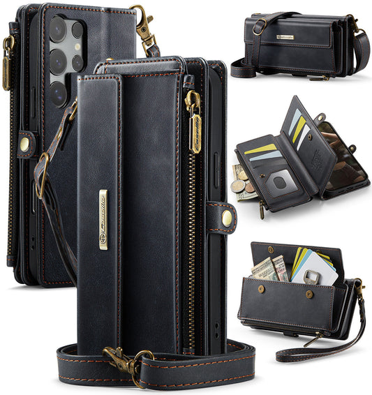 New RFID Blocking Zipper Wallet Supports Wireless Charging with Long and Short Lanyard Leather Phone Case for Samsung