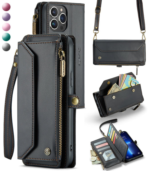 New RFID Blocking Zipper Wallet Supports Wireless Charging with Long and Short Lanyard Leather Phone Case for iPhone 11/11 Pro/11 Pro Max