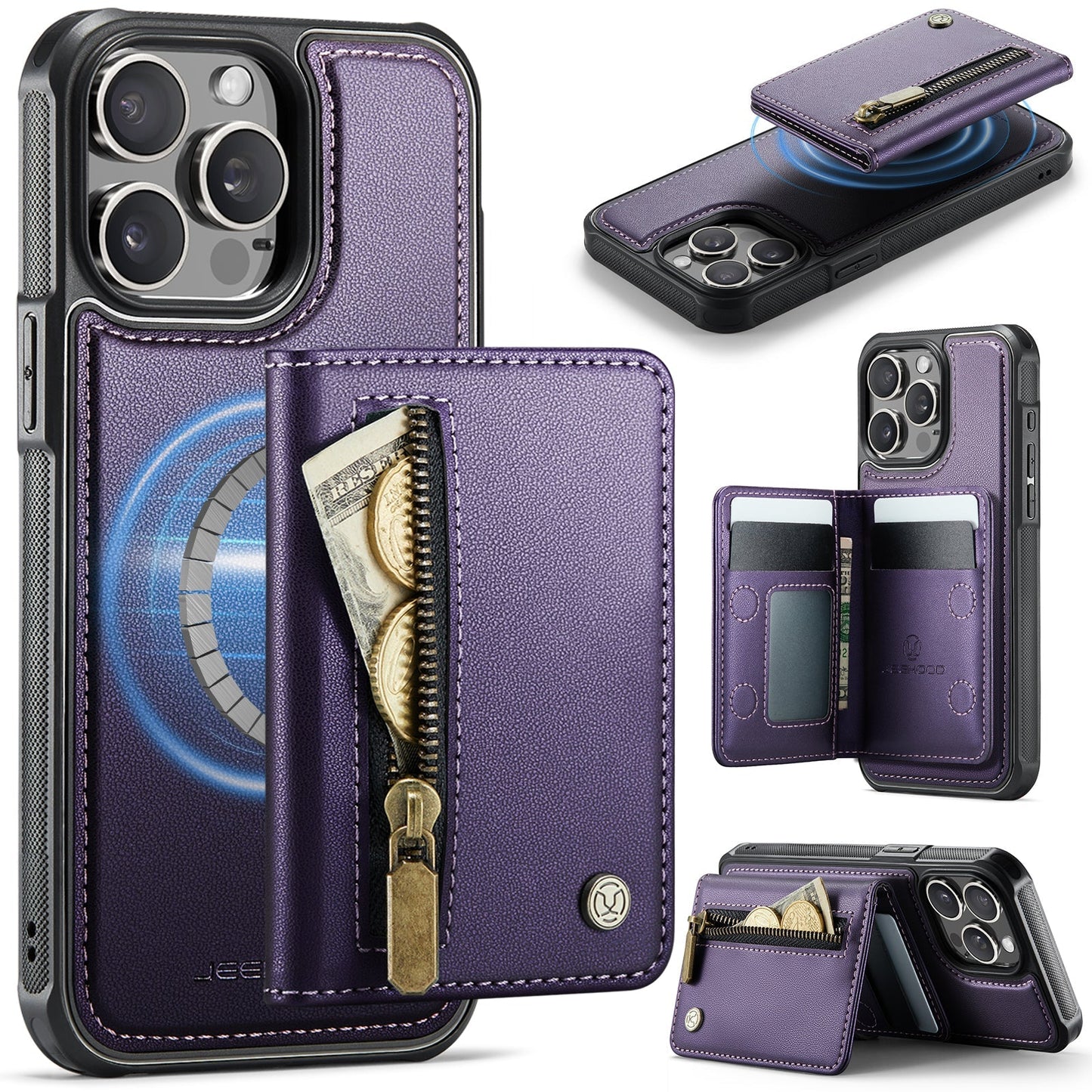 New 2-in-1 RFID Blocking Zipper Wallet Leather Phone Case for iPhone 14 Pro