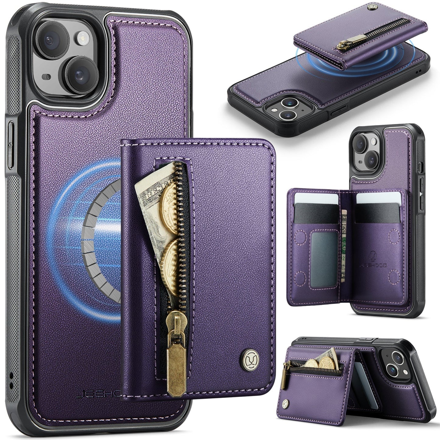 New 2-in-1 RFID Blocking Zipper Wallet Leather Phone Case for iPhone 15 Plus