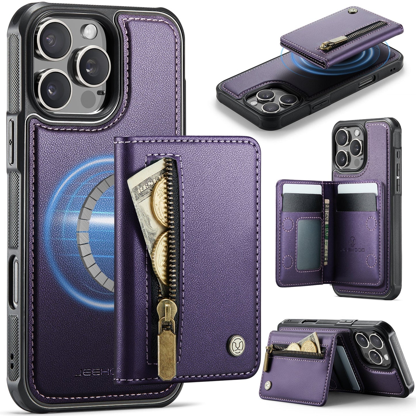 New 2-in-1 RFID Blocking Zipper Wallet Leather Phone Case for iPhone 16 Pro