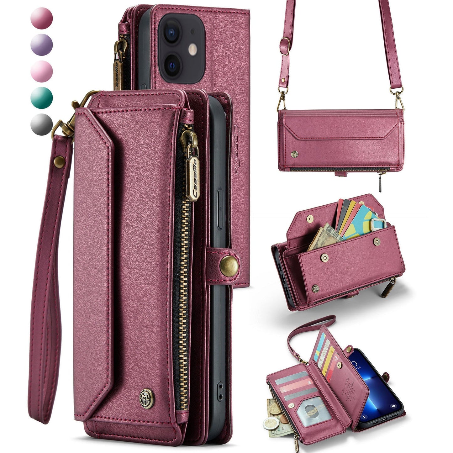 New RFID Blocking Zipper Wallet Supports Wireless Charging with Long and Short Lanyard Leather Phone Case for iPhone 11/11 Pro/11 Pro Max