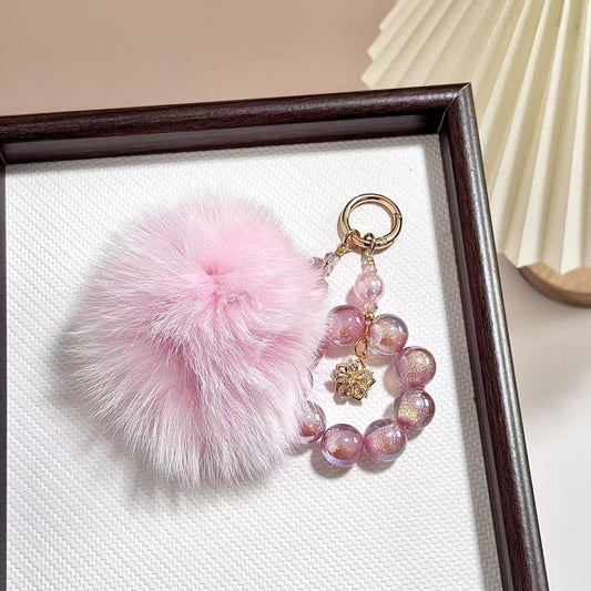 New Aurora Crystal & Fox Fur Charm Keychain Phone Lanyard