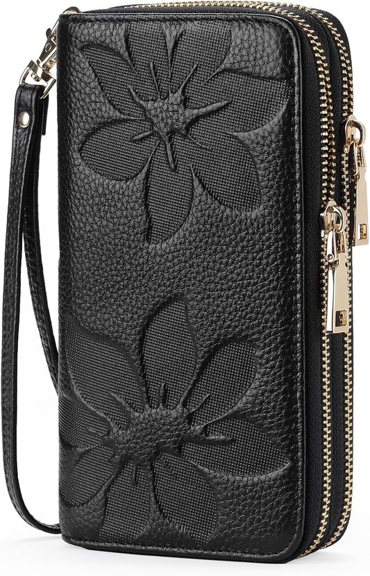 New RFID Blocking Double Zip Card Phone Holder Large Capacity Leather Wallet