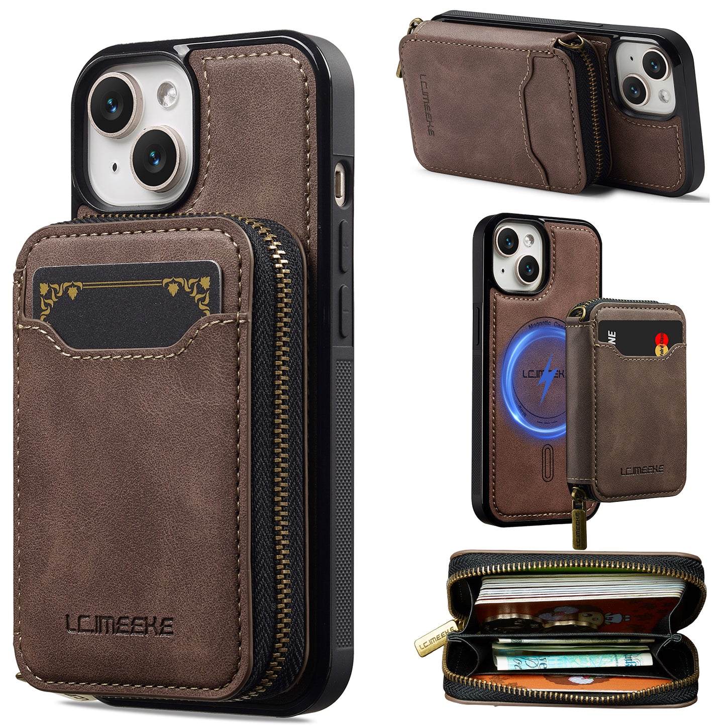 New RFID Blocking Zipper Wallet Leather Phone Case for iPhone