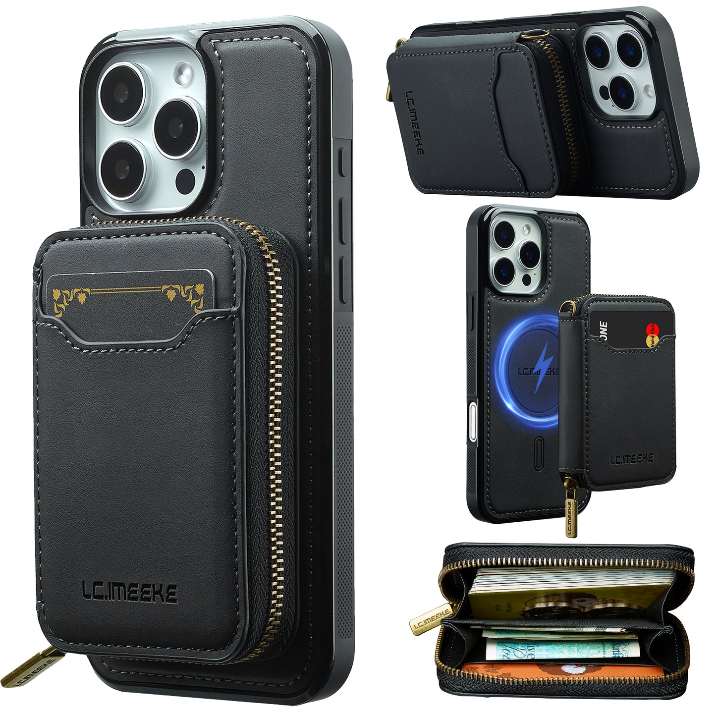 New RFID Blocking Zipper Wallet Leather Phone Case for iPhone