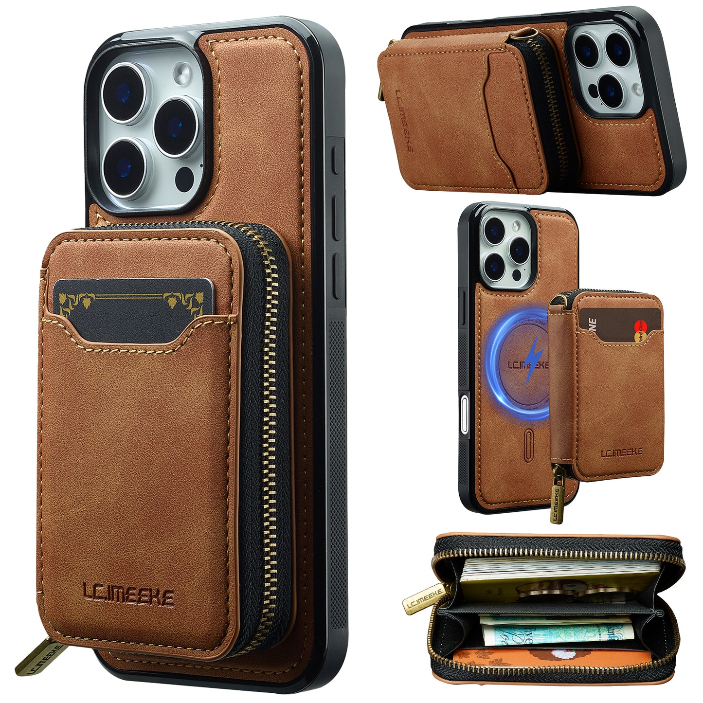 New RFID Blocking Zipper Wallet Leather Phone Case for iPhone