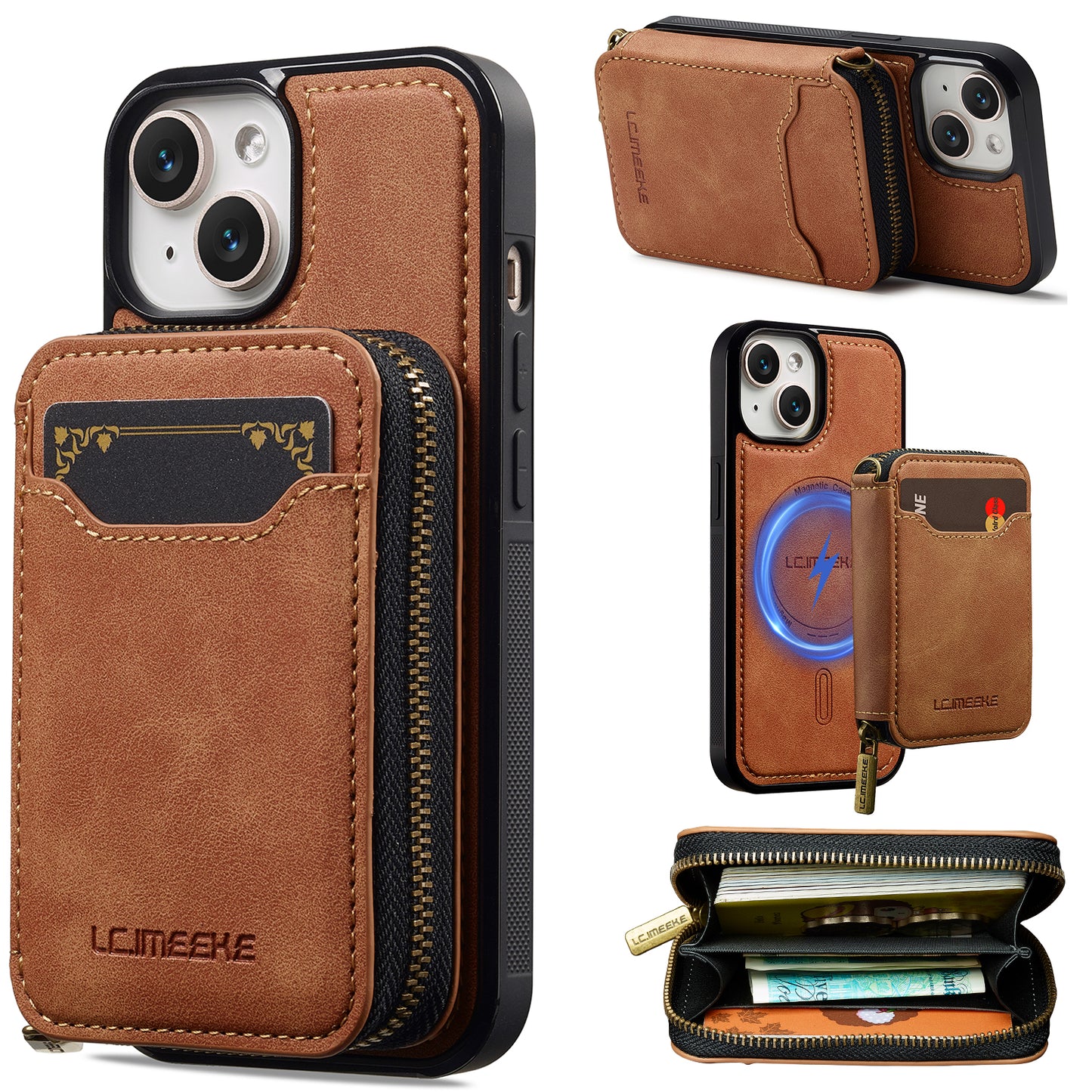 New RFID Blocking Zipper Wallet Leather Phone Case for iPhone