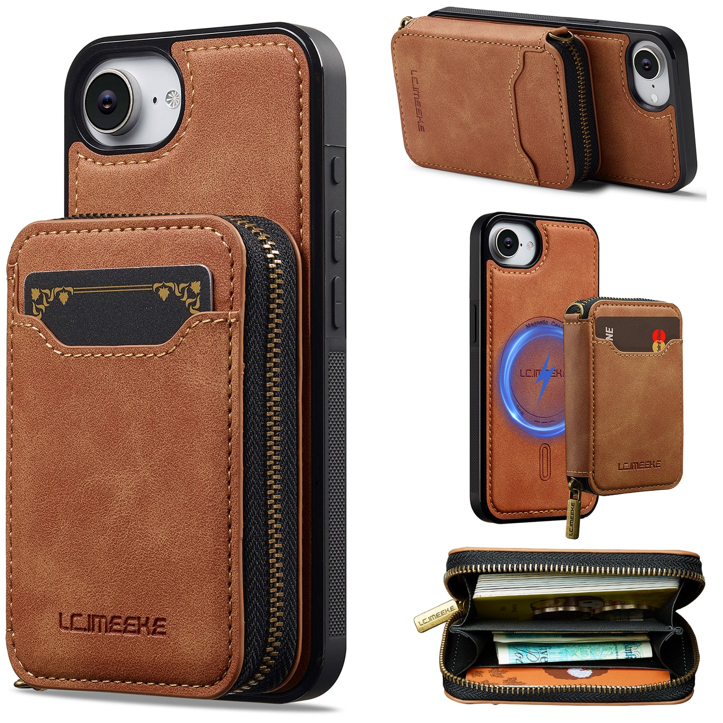 New RFID Blocking Zipper Wallet Leather Phone Case for iPhone