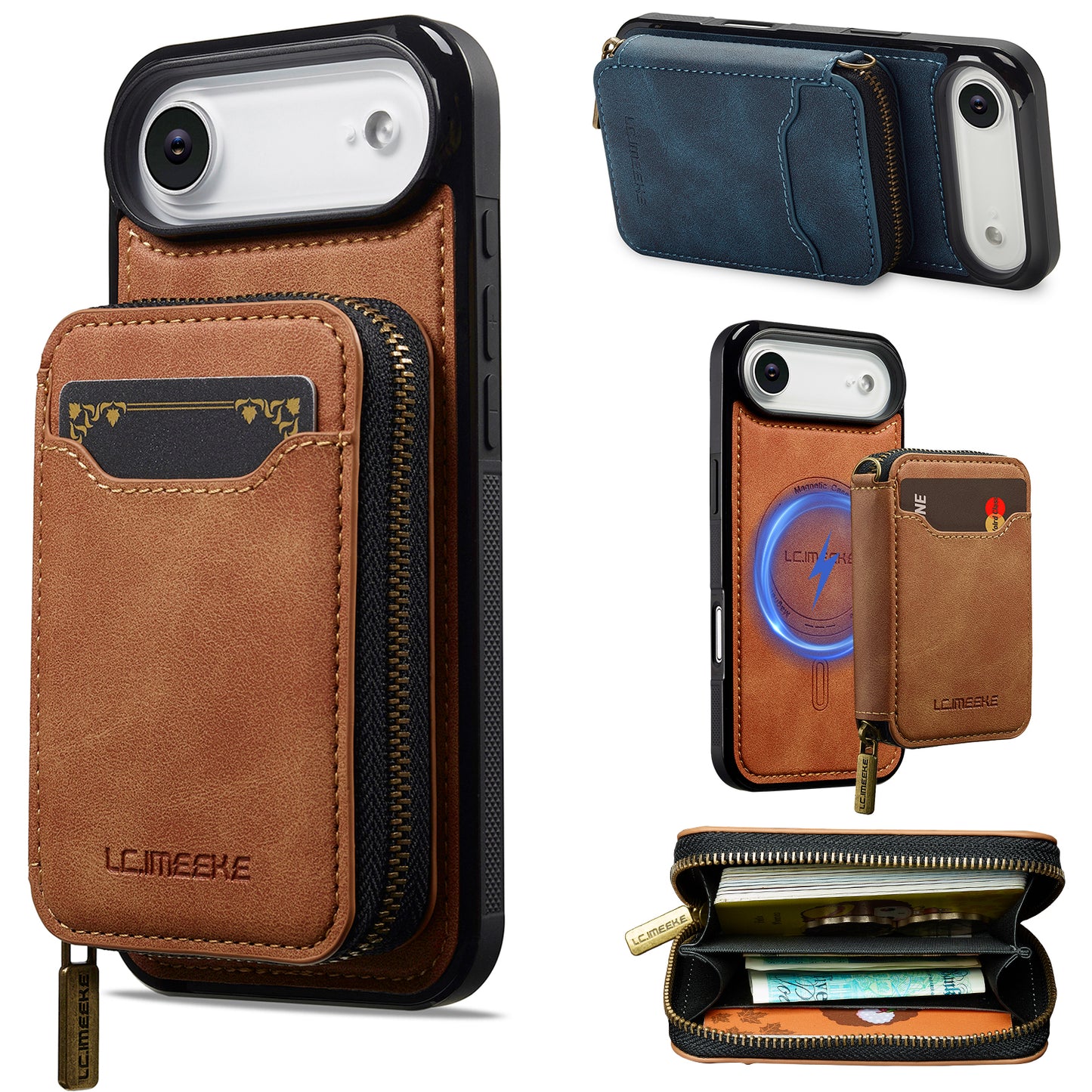 New RFID Blocking Zipper Wallet Leather Phone Case for iPhone
