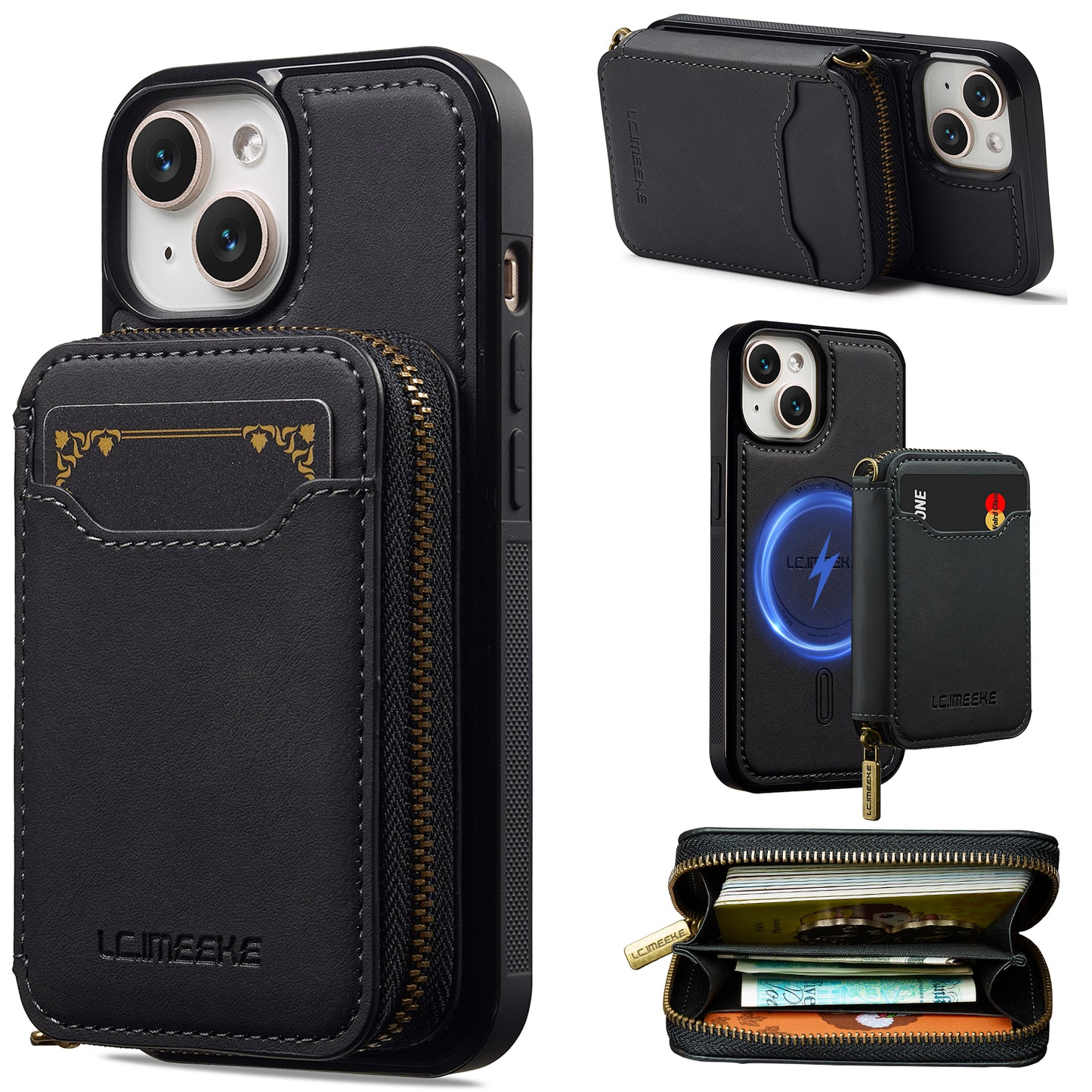New RFID Blocking Zipper Wallet Leather Phone Case for iPhone