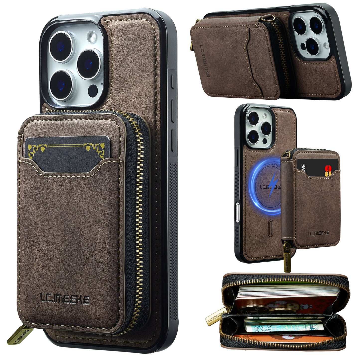 New RFID Blocking Zipper Wallet Leather Phone Case for iPhone