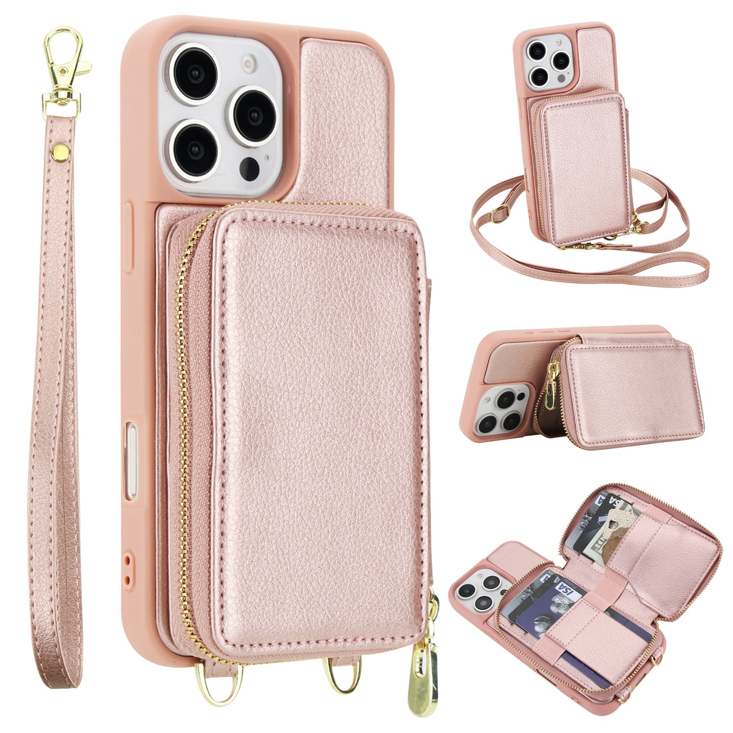 New RFID Blocking Crossbody Zipper Wallet Leather Phone Case for iPhone