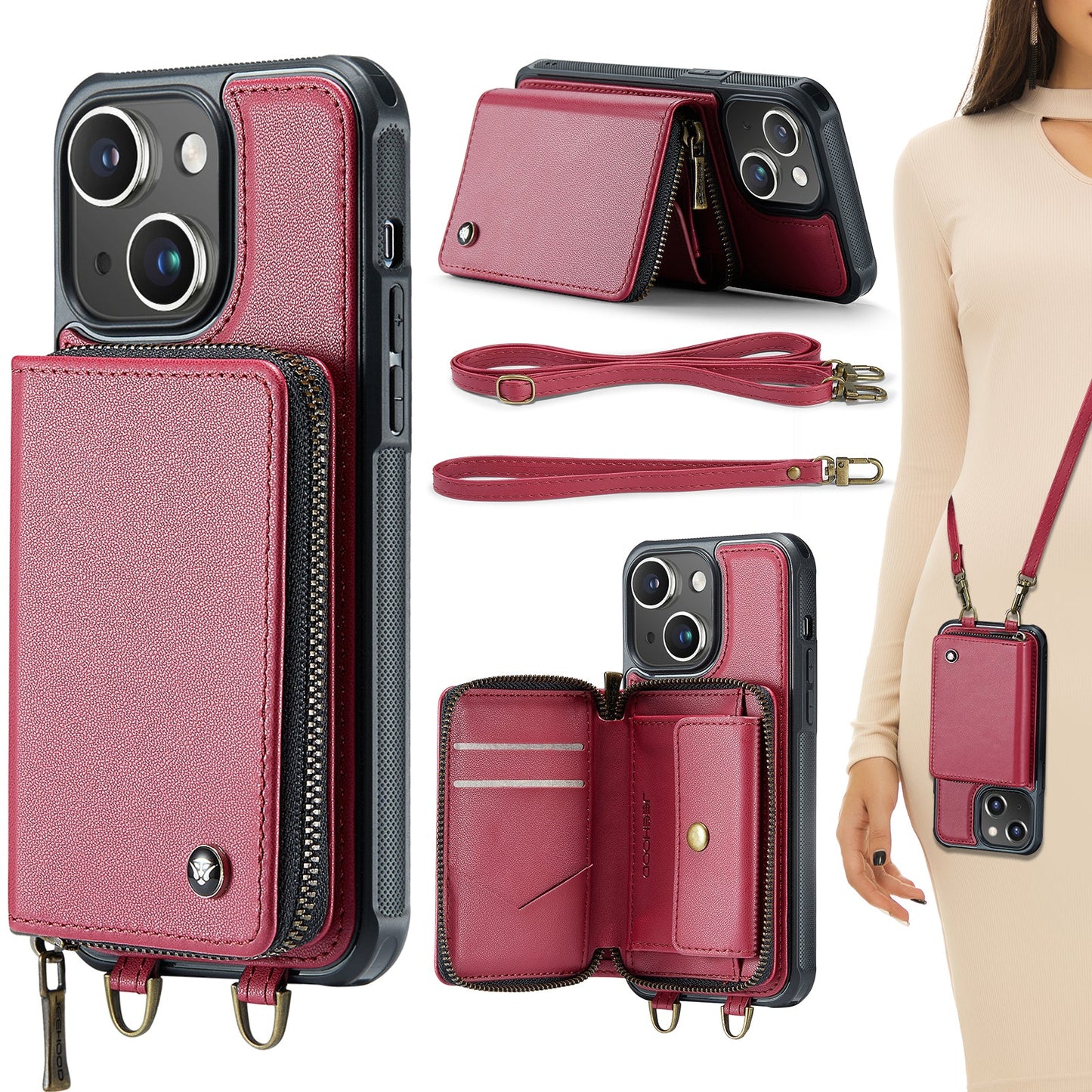 New RFID Blocking Crossbody Zipper Wallet Leather Phone Case for iPhone