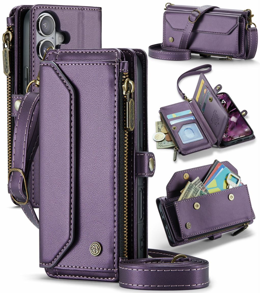 New RFID Blocking Zipper Wallet Supports Wireless Charging with Long and Short Lanyard Leather Phone Case for iPhone16/16e/16 Pro/16 Plus/16 Pro Max