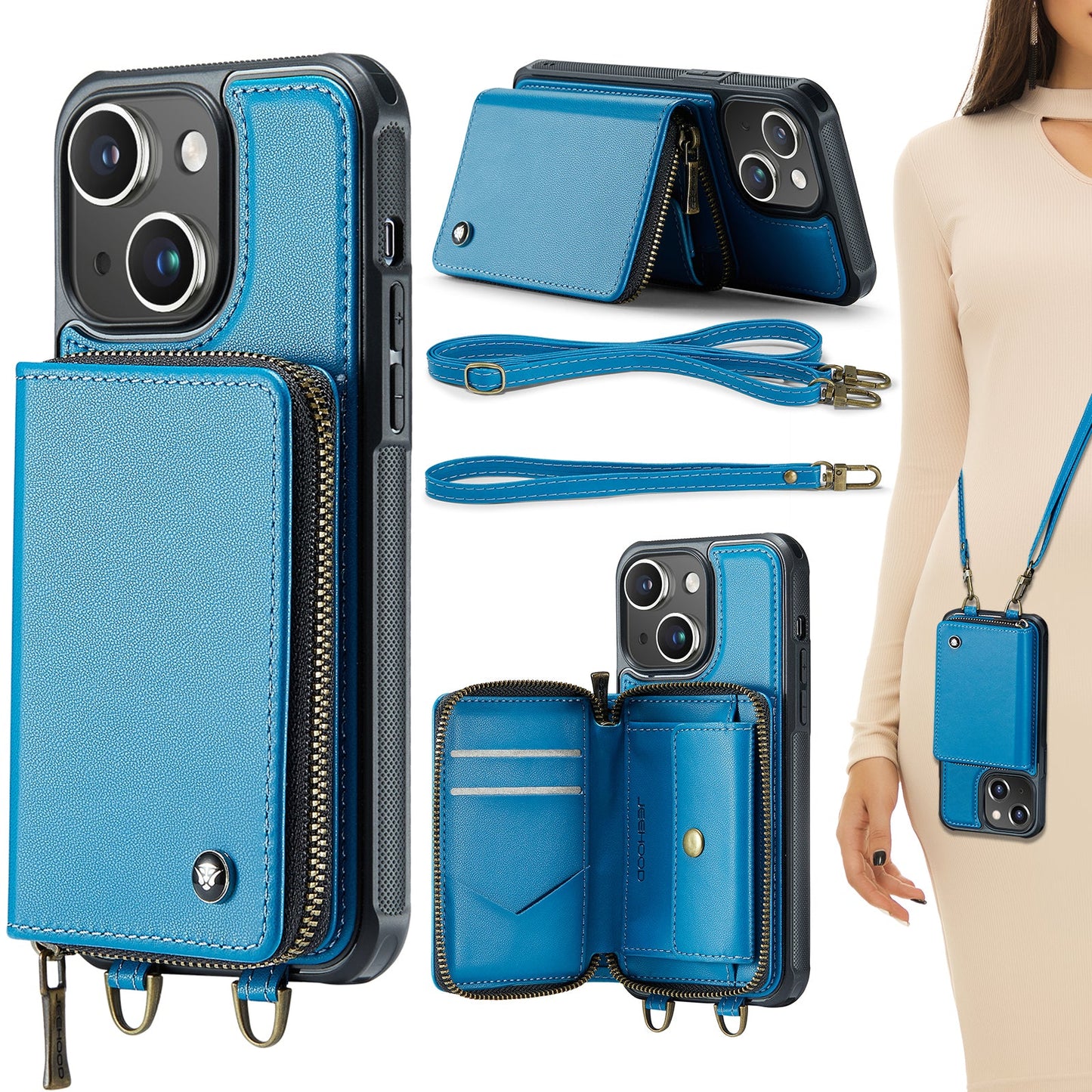 New RFID Blocking Crossbody Zipper Wallet Leather Phone Case for iPhone