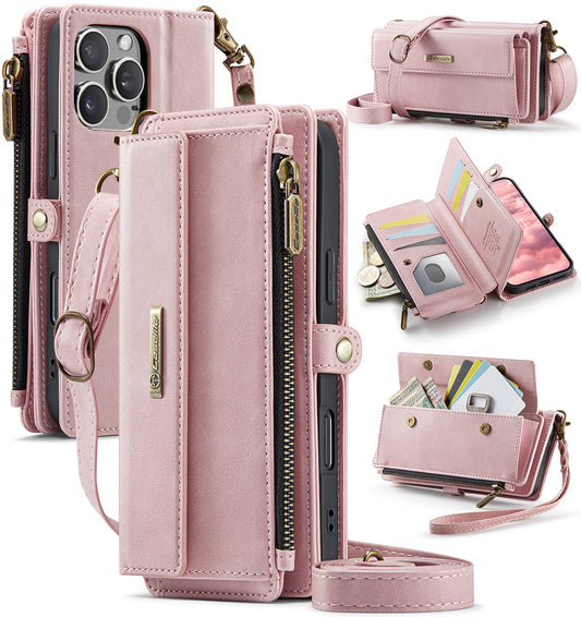 New RFID Blocking Zipper Wallet Supports Wireless Charging with Long and Short Lanyard Leather Phone Case for iPhone16/16e/16 Pro/16 Plus/16 Pro Max