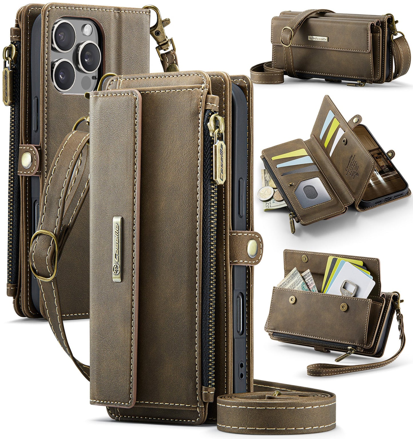New RFID Blocking Zipper Wallet Supports Wireless Charging with Long and Short Lanyard Leather Phone Case for iPhone16/16e/16 Pro/16 Plus/16 Pro Max