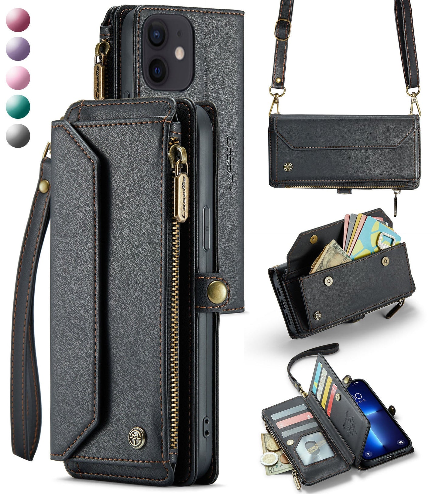 New RFID Blocking Zipper Wallet Supports Wireless Charging with Long and Short Lanyard Leather Phone Case for iPhone 11/11 Pro/11 Pro Max