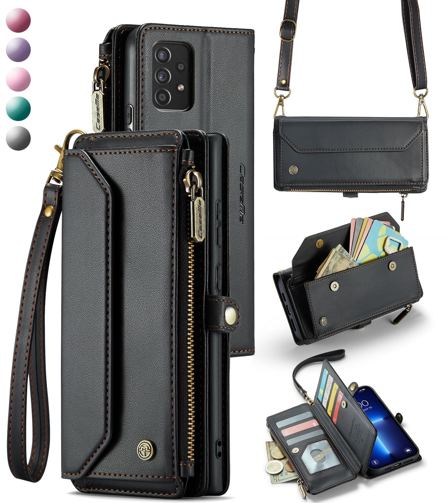 New RFID Blocking Zipper Wallet Supports Wireless Charging with Long and Short Lanyard Leather Phone Case for Samsung Galaxy A