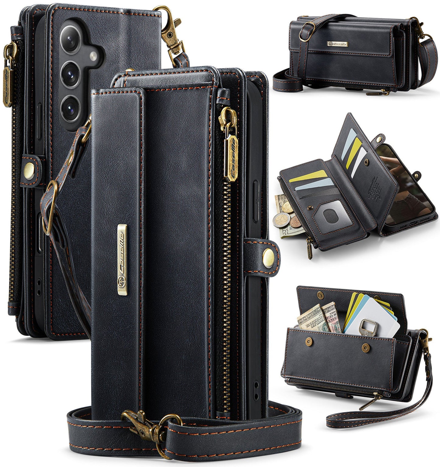 New RFID Blocking Zipper Wallet Supports Wireless Charging with Long and Short Lanyard Leather Phone Case for Samsung Galaxy A