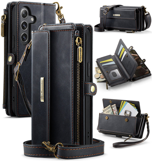 New RFID Blocking Zipper Wallet Supports Wireless Charging with Long and Short Lanyard Leather Phone Case for Samsung Galaxy A