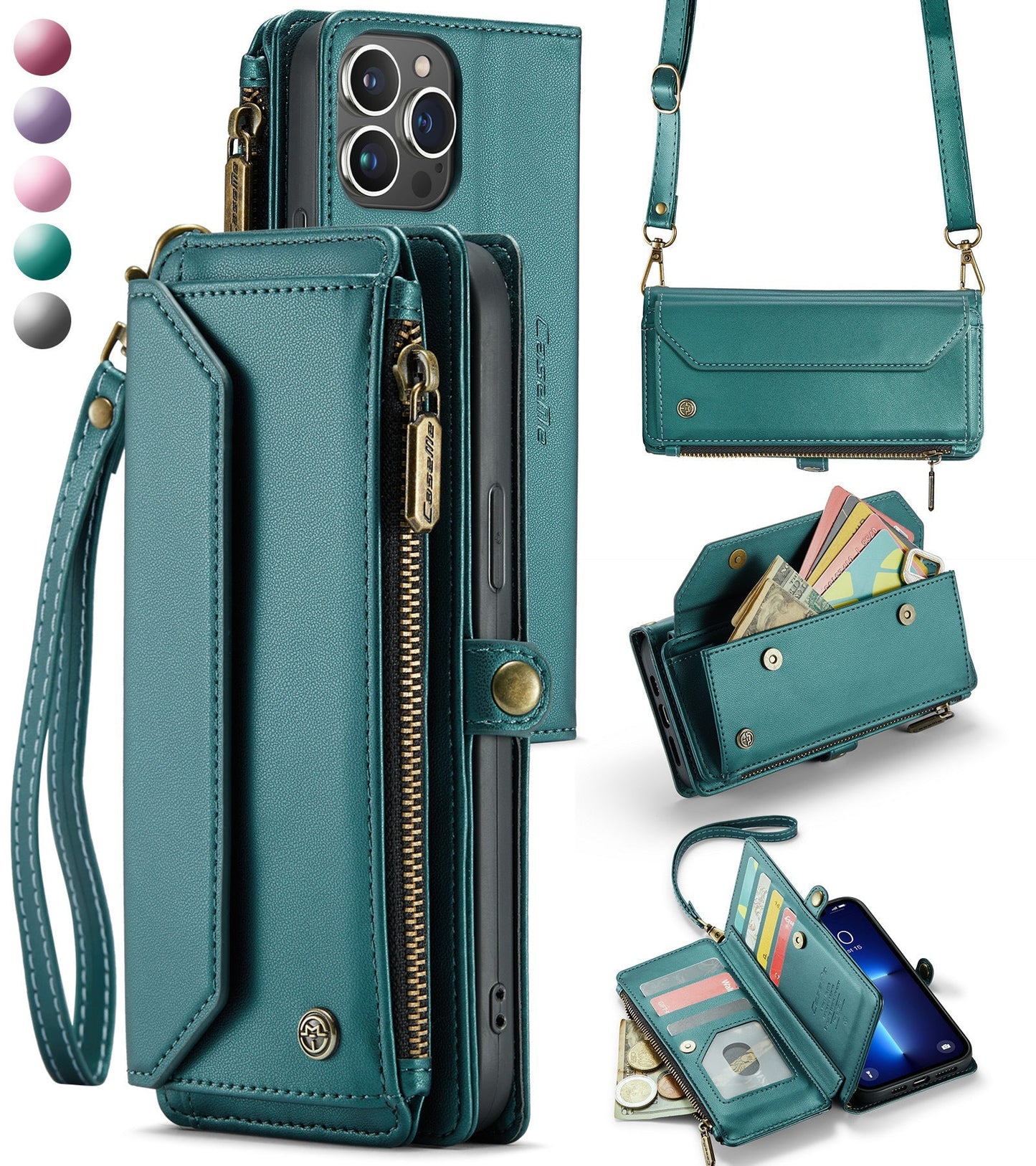 New RFID Blocking Zipper Wallet Supports Wireless Charging with Long and Short Lanyard Leather Phone Case for iPhone16/16e/16 Pro/16 Plus/16 Pro Max