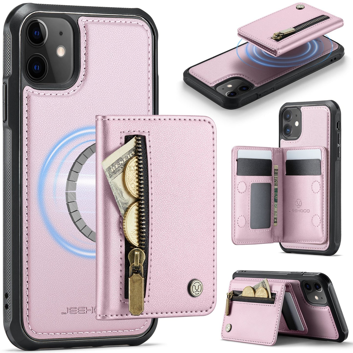 New 2-in-1 RFID Blocking Zipper Wallet Leather Phone Case for iPhone 12