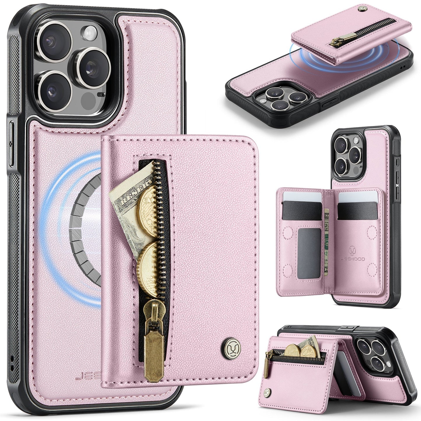 New 2-in-1 RFID Blocking Zipper Wallet Leather Phone Case for iPhone 14 Pro