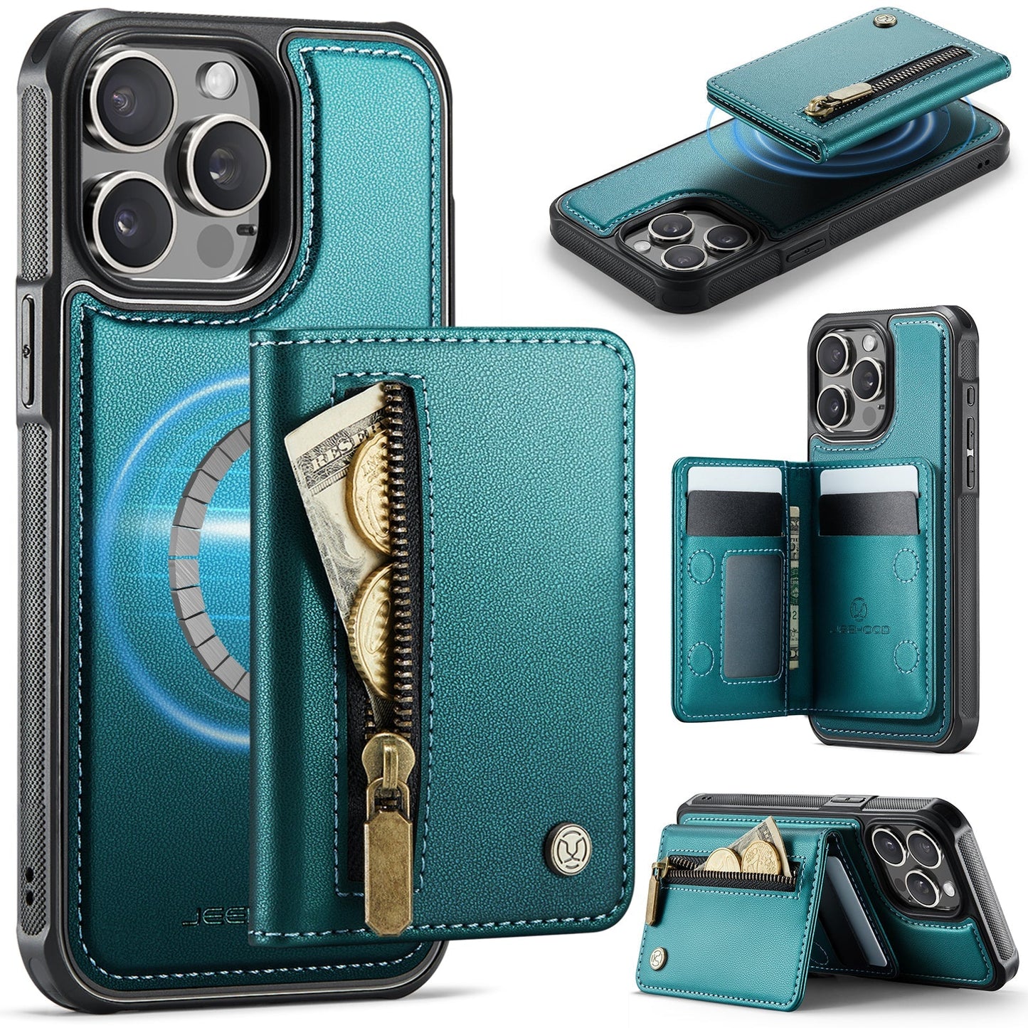 New 2-in-1 RFID Blocking Zipper Wallet Leather Phone Case for iPhone 14 Pro