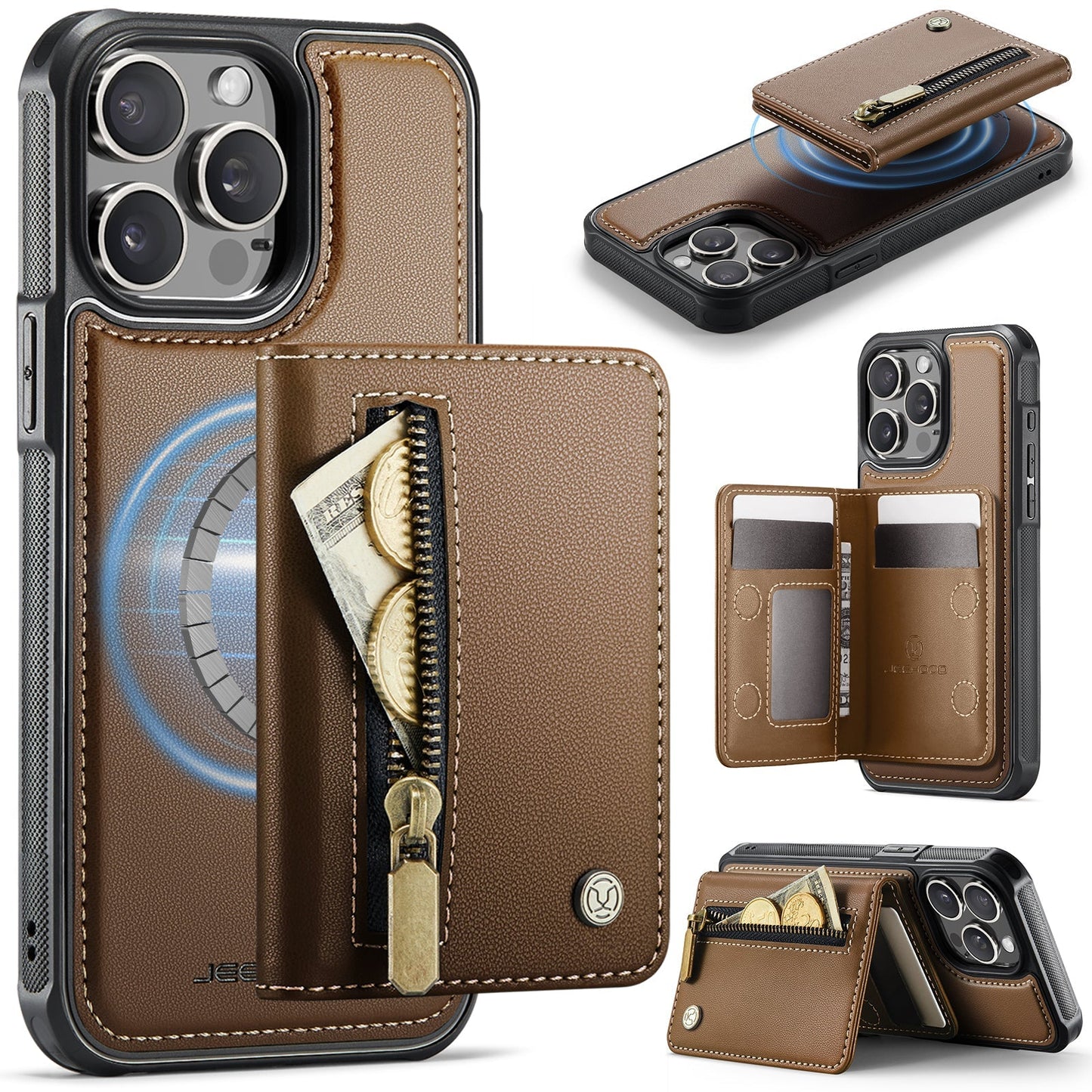 New 2-in-1 RFID Blocking Zipper Wallet Leather Phone Case for iPhone 12 Pro