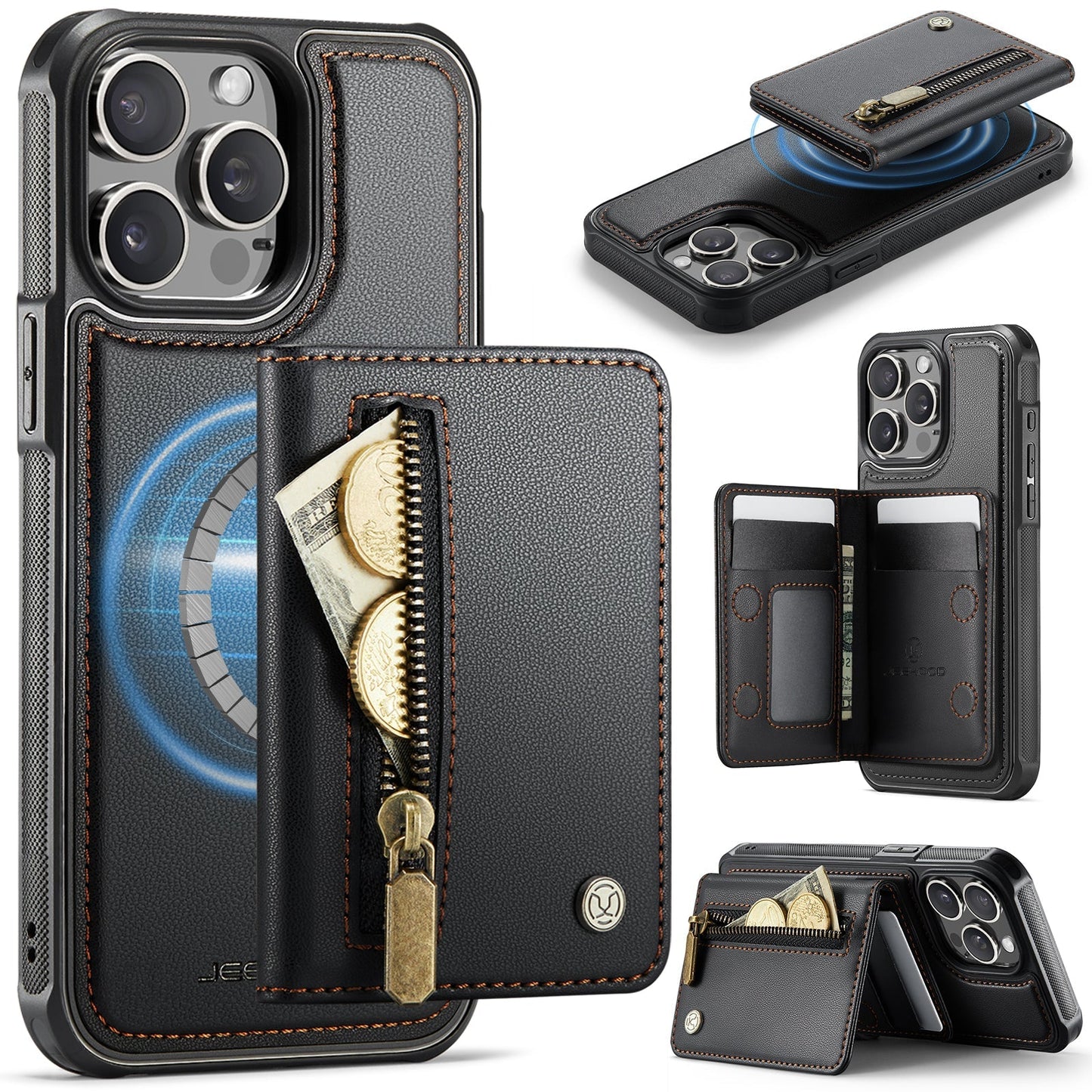 New 2-in-1 RFID Blocking Zipper Wallet Leather Phone Case for iPhone 14 Pro