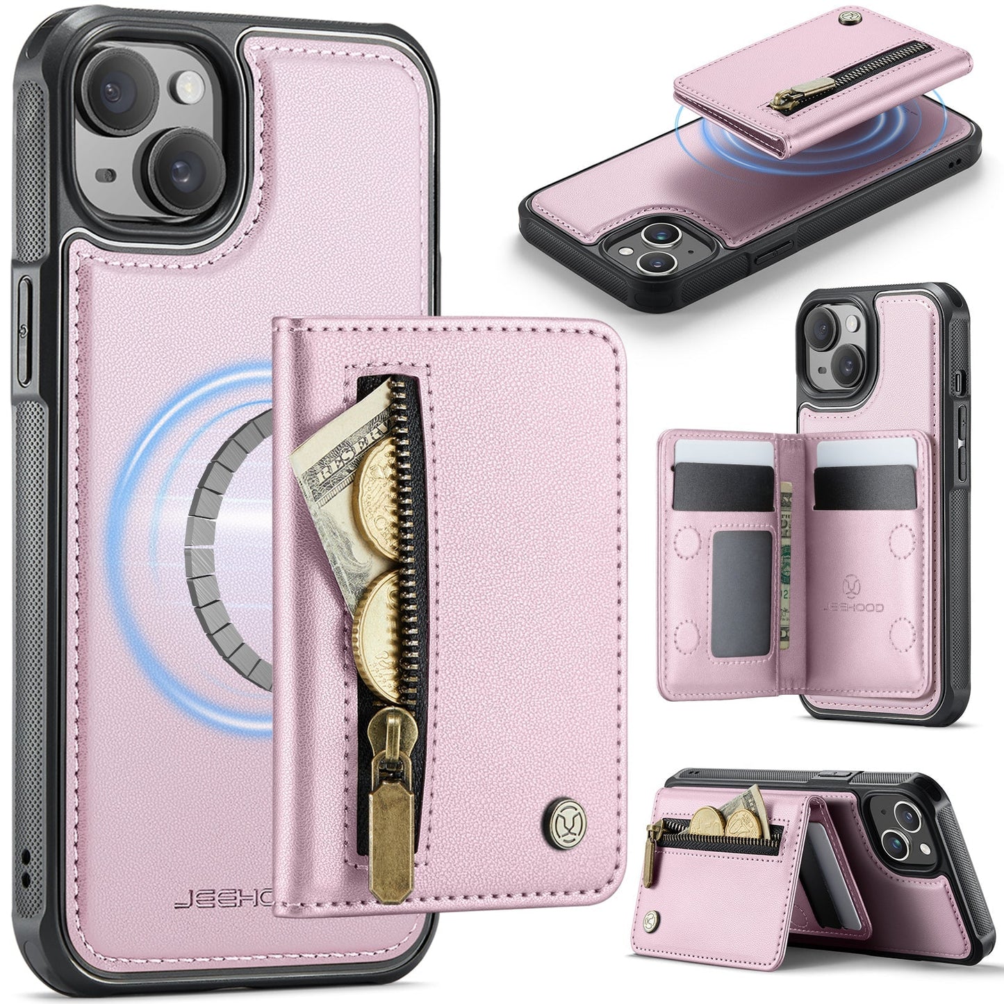 New 2-in-1 RFID Blocking Zipper Wallet Leather Phone Case for iPhone 13