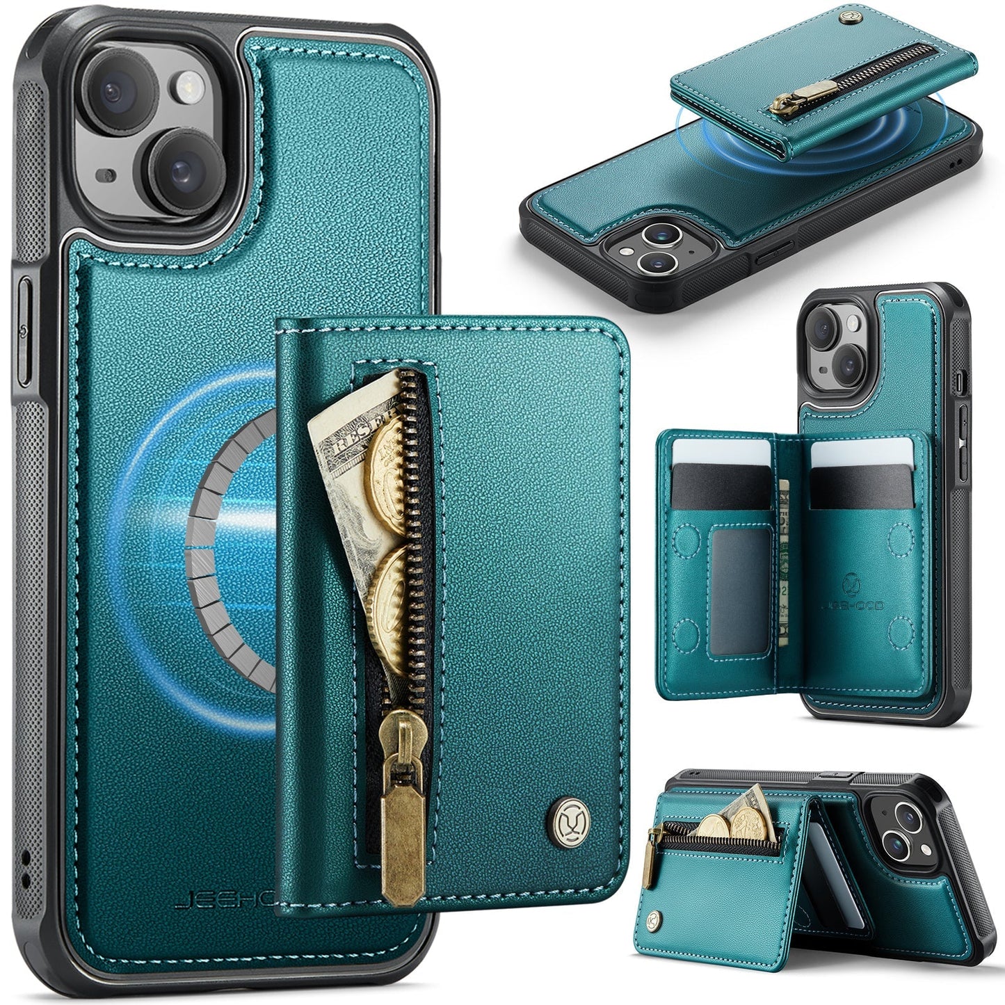 New 2-in-1 RFID Blocking Zipper Wallet Leather Phone Case for iPhone 13