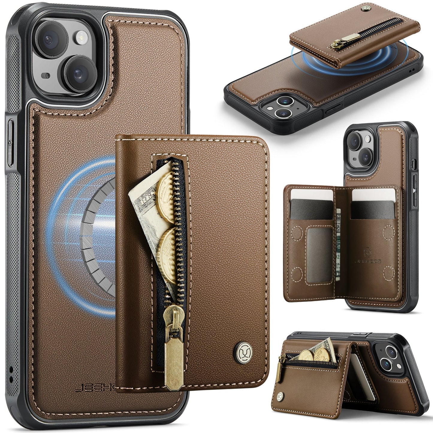 New 2-in-1 RFID Blocking Zipper Wallet Leather Phone Case for iPhone 14 Plus