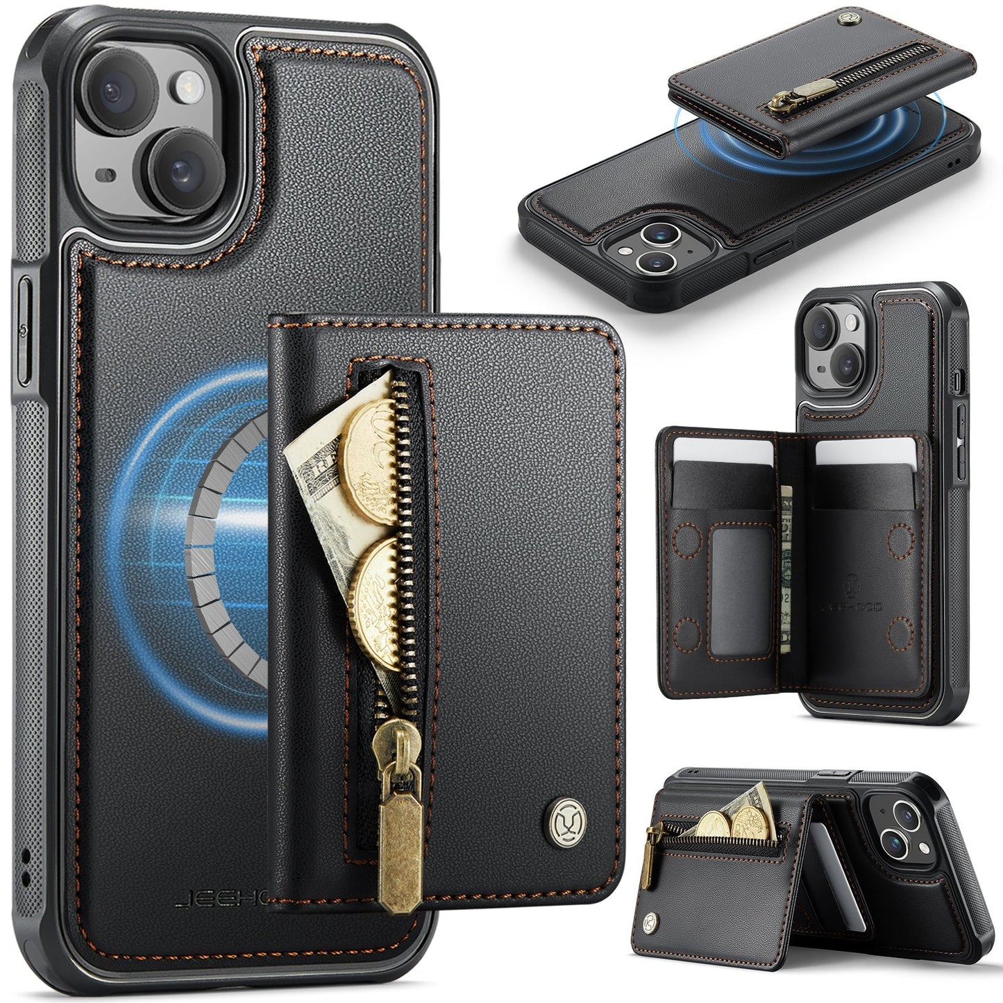 New 2-in-1 RFID Blocking Zipper Wallet Leather Phone Case for iPhone 13