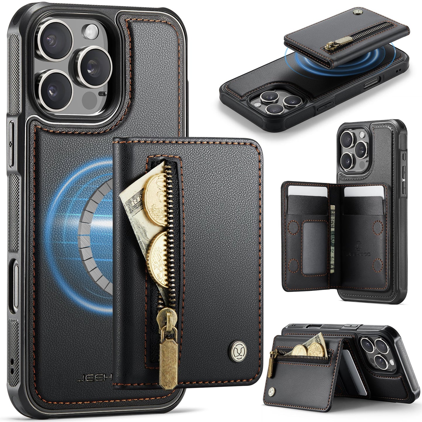 New 2-in-1 RFID Blocking Zipper Wallet Leather Phone Case for iPhone 16 Pro