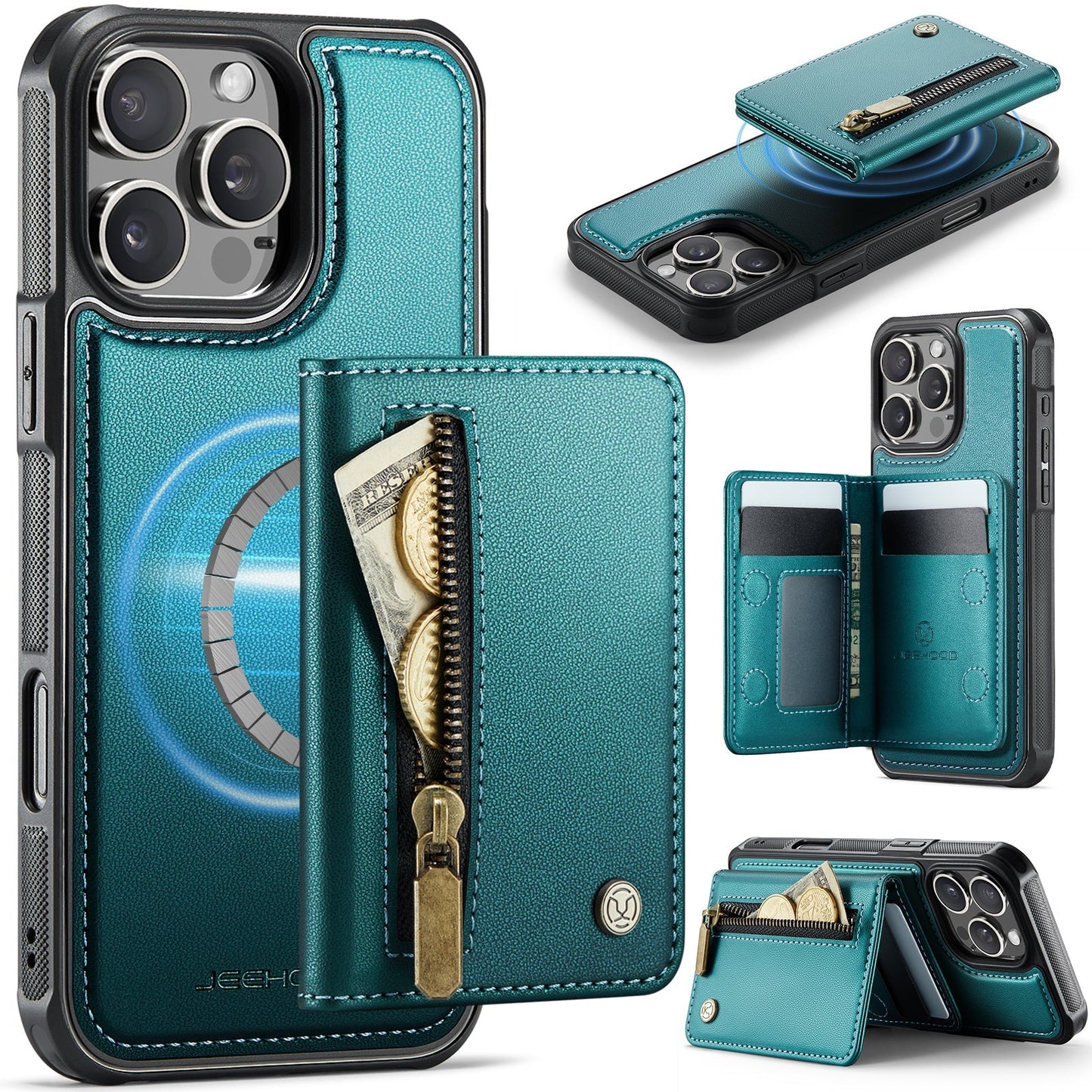 New 2-in-1 RFID Blocking Zipper Wallet Leather Phone Case for iPhone 16 Pro