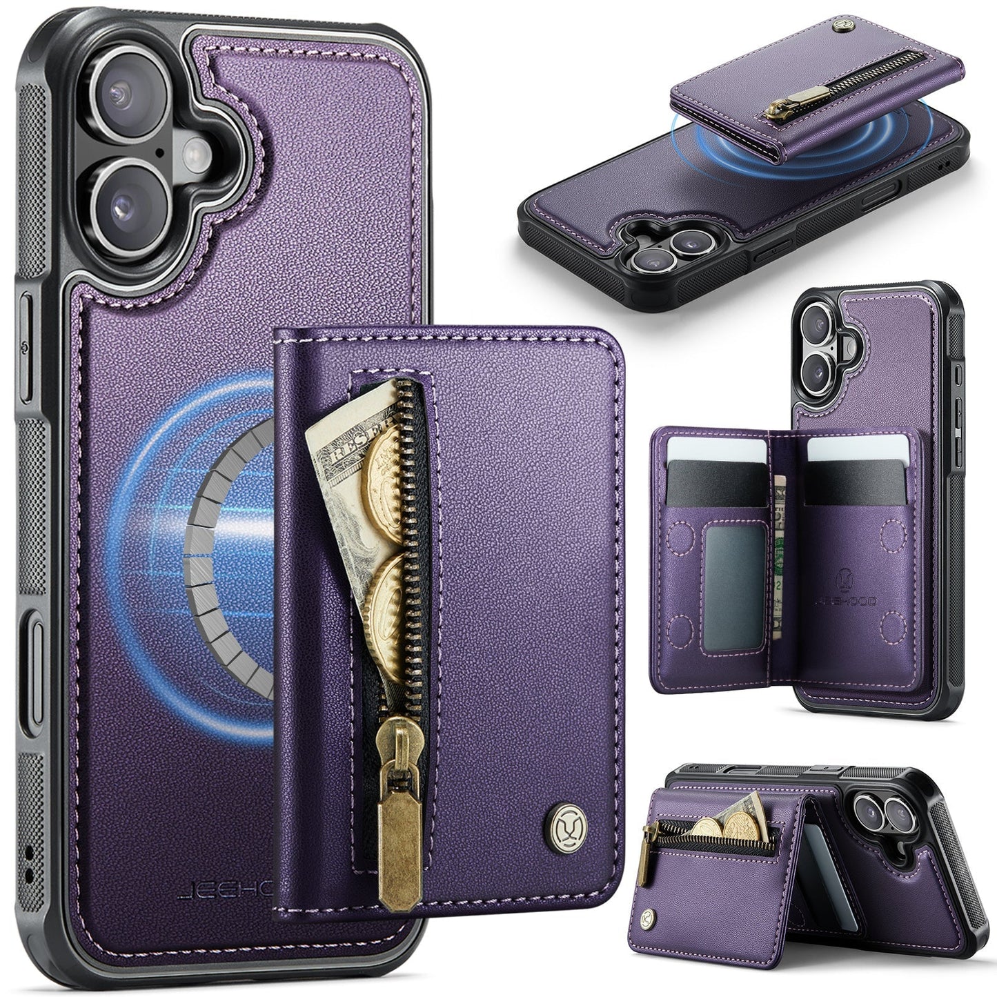 New 2-in-1 RFID Blocking Zipper Wallet Leather Phone Case for iPhone 16 Plus