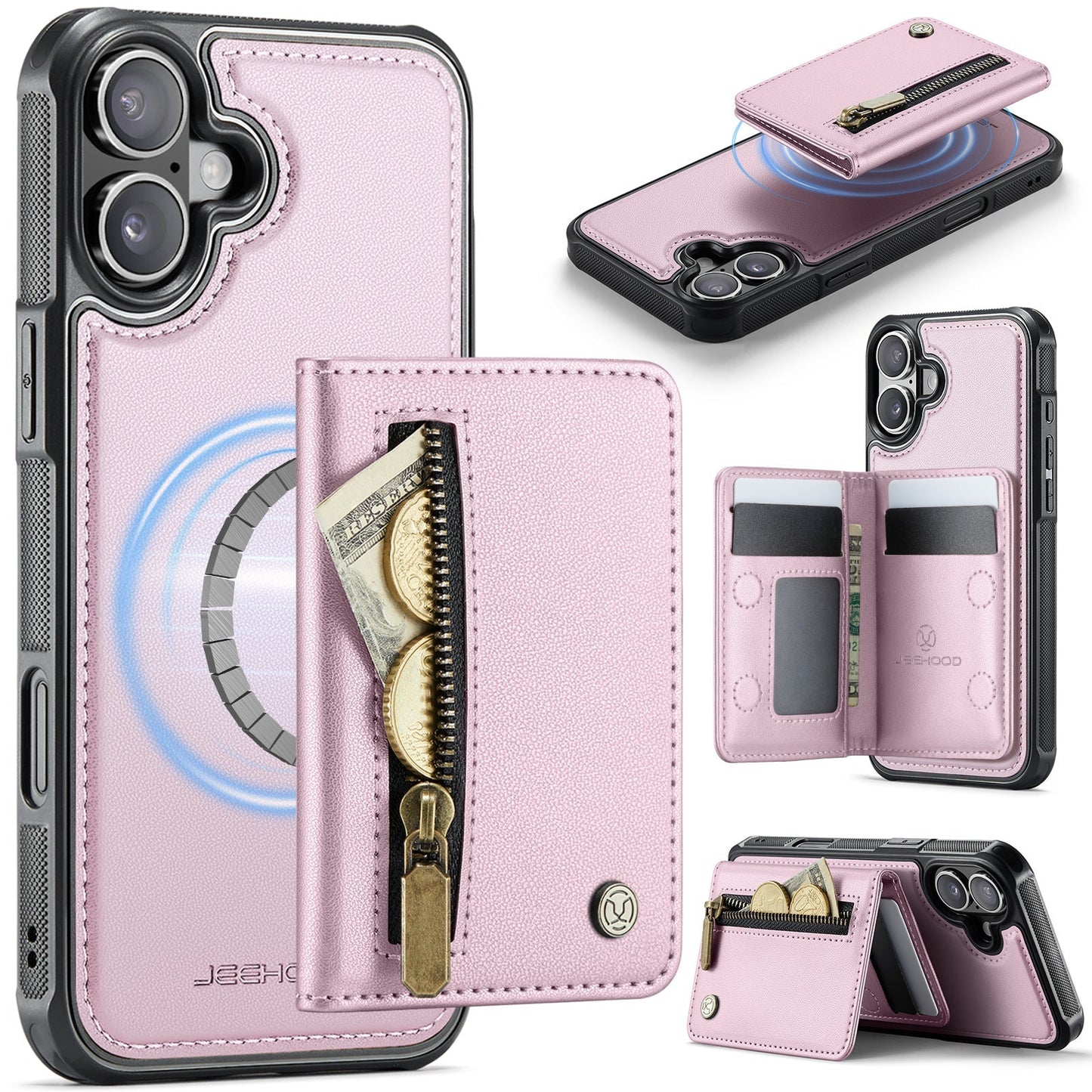 New 2-in-1 RFID Blocking Zipper Wallet Leather Phone Case for iPhone 16 Plus