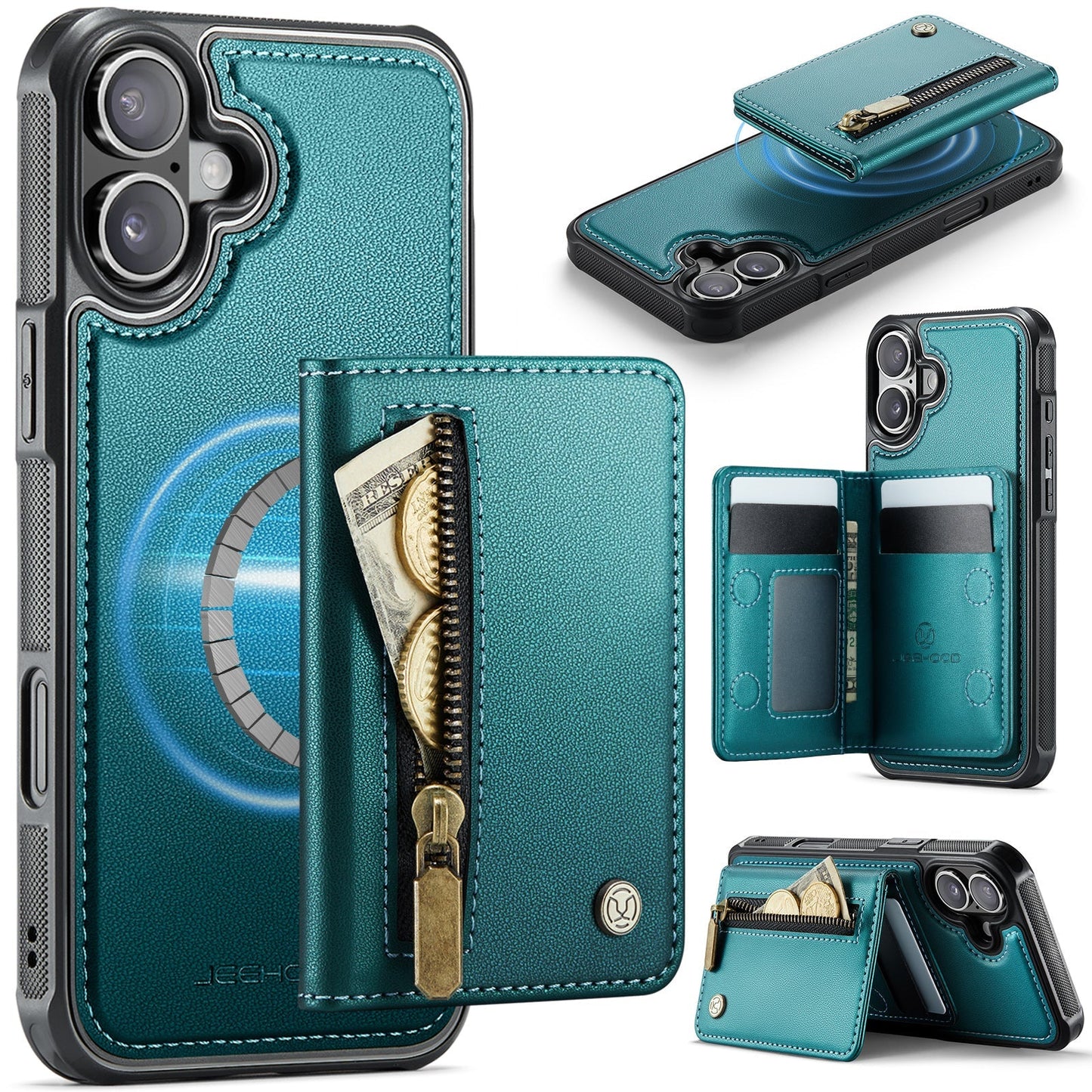 New 2-in-1 RFID Blocking Zipper Wallet Leather Phone Case for iPhone 16 Plus