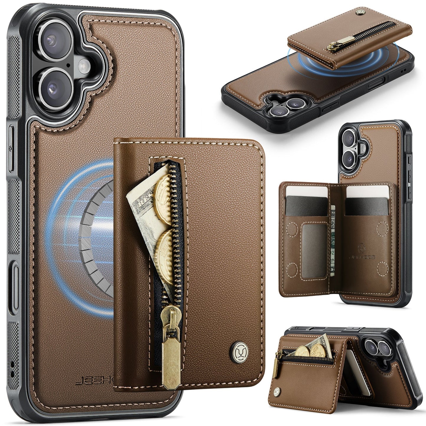 New 2-in-1 RFID Blocking Zipper Wallet Leather Phone Case for iPhone 16