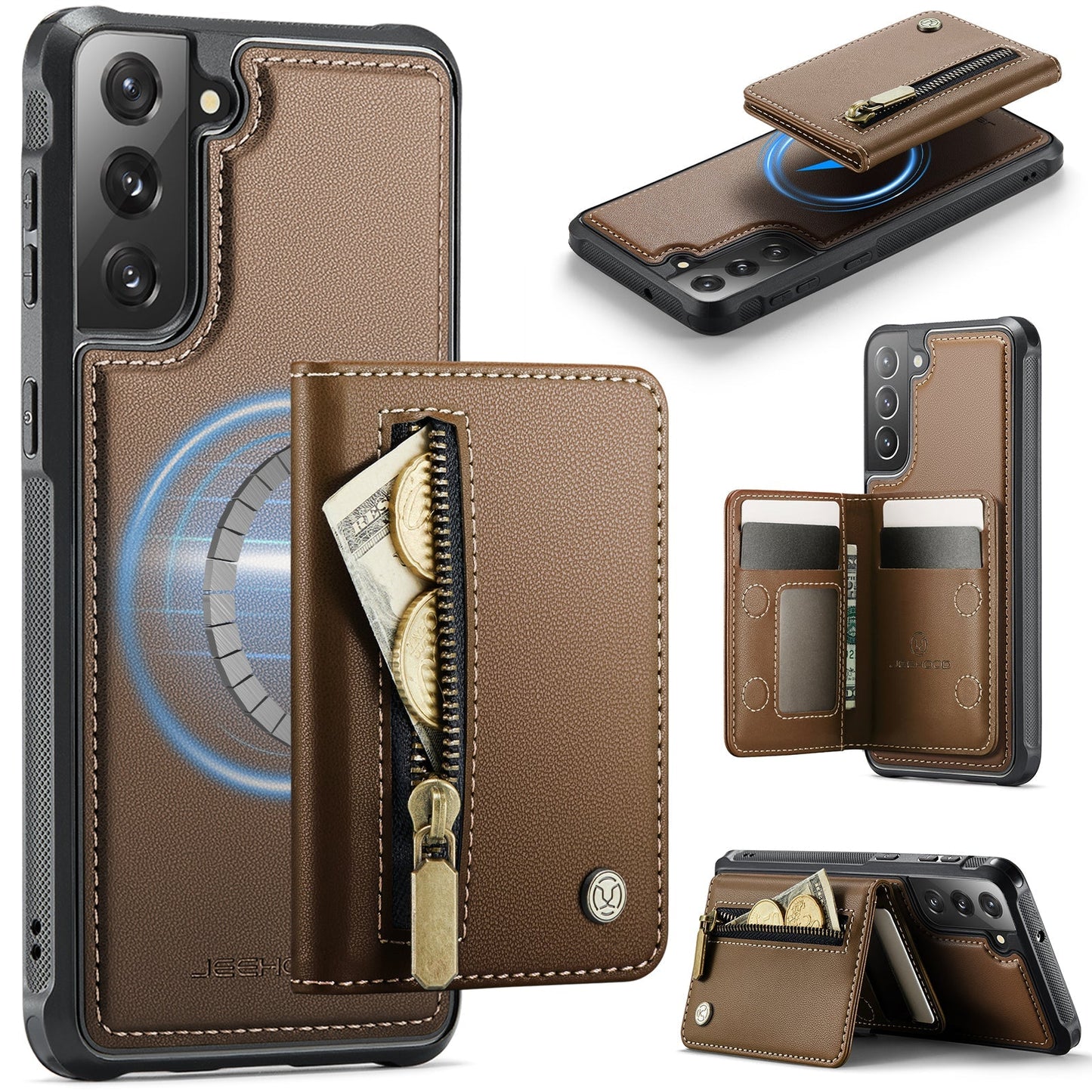 New 2-in-1 RFID Blocking Zipper Wallet Leather Phone Case for Samsung Galaxy S22+