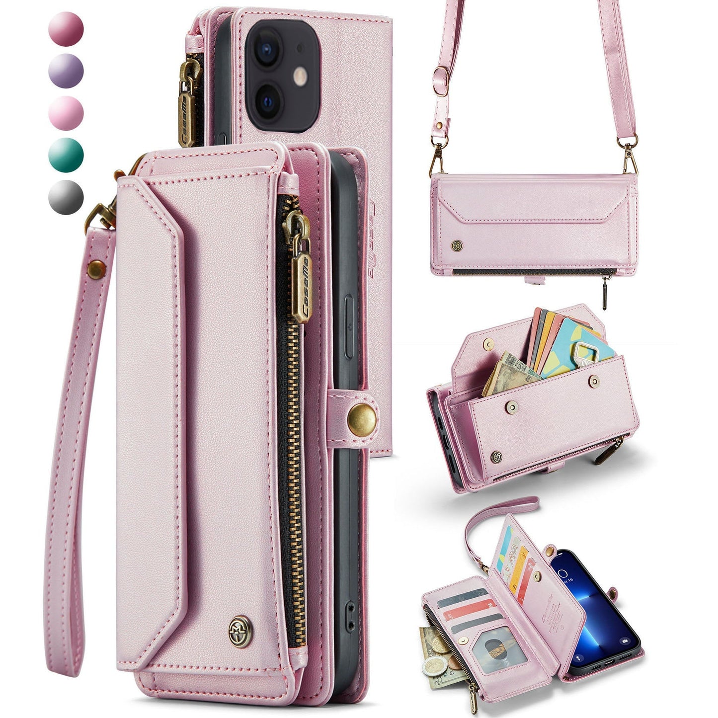 New RFID Blocking Zipper Wallet Supports Wireless Charging with Long and Short Lanyard Leather Phone Case for iPhone 11/11 Pro/11 Pro Max