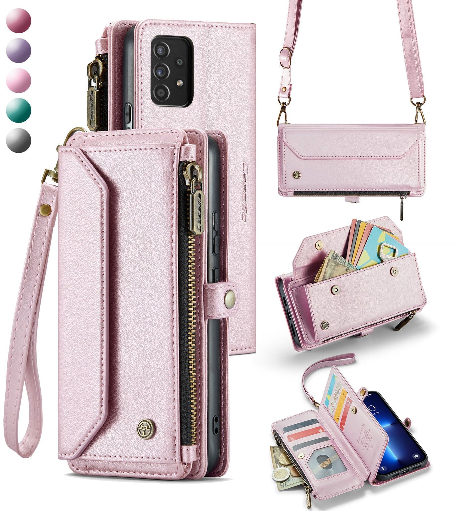 New RFID Blocking Zipper Wallet Supports Wireless Charging with Long and Short Lanyard Leather Phone Case for Samsung Galaxy A